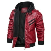 Hood Crew Mens Pu Faux Leather Jacket with Removable Hood Red XL