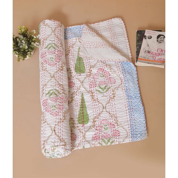 White Floral Print Kantha Quilt Twin Size Quilt King Bedspread Kantha Blanket Indian Quilt Cotton Quilt Queen Size Bed Cover