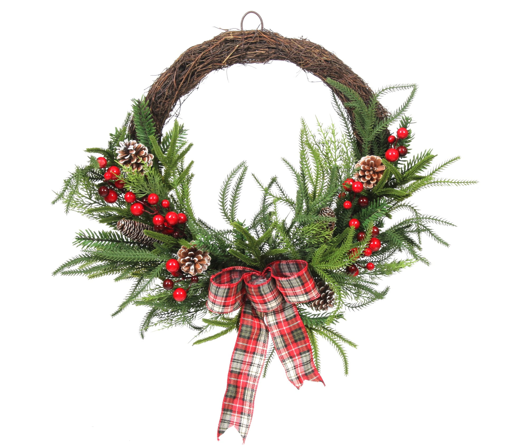 Holiday Time Pine Cone Red Berry with Plaid Bow Un-Lit Greenery Wreath,28"