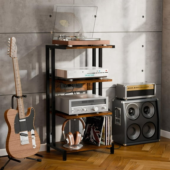 16.5" Small 4-Tier AV Media Stand with Power Strips,Narrow Version Wooden Corner Shelf Stereo Cabinet Audio Rack Stand Tower for Small DVD Players Game Console TV Box Cable Box WiFi Router