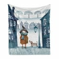 thumbnail image 1 of Urban Soft Flannel Fleece Blanket, Little Girl in Foggy Town Walking Her Bird and Dog Winter Outdoor Scenery, Cozy Plush for Indoor and Outdoor Use, 60" x 80", Ginger and Petrol Blue, by Ambesonne, 1 of 5