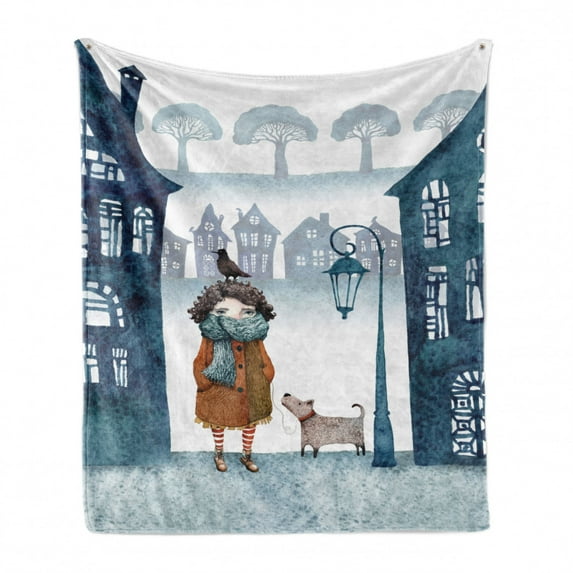 Urban Soft Flannel Fleece Blanket, Little Girl in Foggy Town Walking Her Bird and Dog Winter Outdoor Scenery, Cozy Plush for Indoor and Outdoor Use, 60" x 80", Ginger and Petrol Blue, by Ambesonne