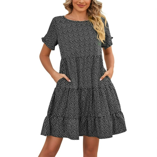 2025 Robe Bohème Évasée Col en V Carré Robe Maxi Col Manches Courtes Robe Courte Décontractée pour Femmes Robe à Volants pour l'Été Robe à Boutons devant Robe Midi Légère à Étages pour l'Été Robe Décontractée