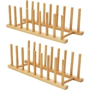 2 Pack Bamboo Wooden Dish Rack - Plate Rack Stand Pot Lid Holder, Kitchen Cabinet Organizer for Bowl, Cup, Cutting Board and More