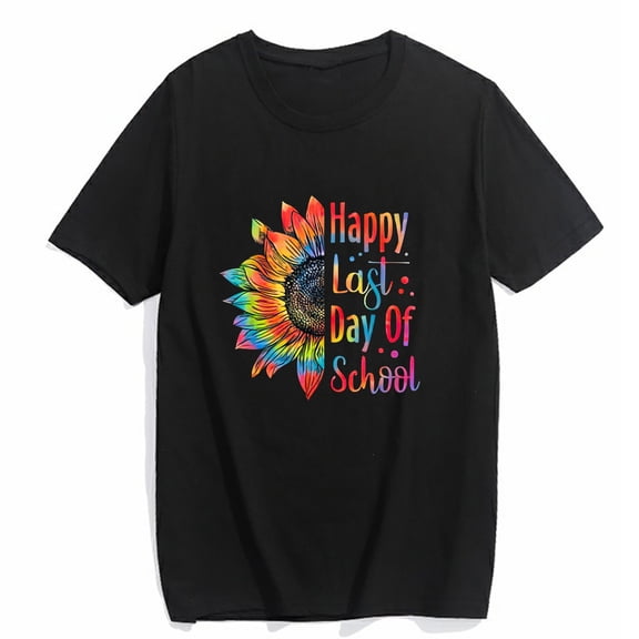 Women's T-Shirt Sunflower Last Day of School Teacher Gift End Year Preschool Casual Short Sleeve Top Black Large