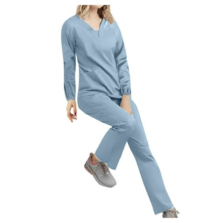 

Women Scrubs Top Nurses Clothing Working Uniform Top Care Workwear Long Sleeve V-Neck Solid Color Pocket Top Solid Color Trouser Wokers Suit