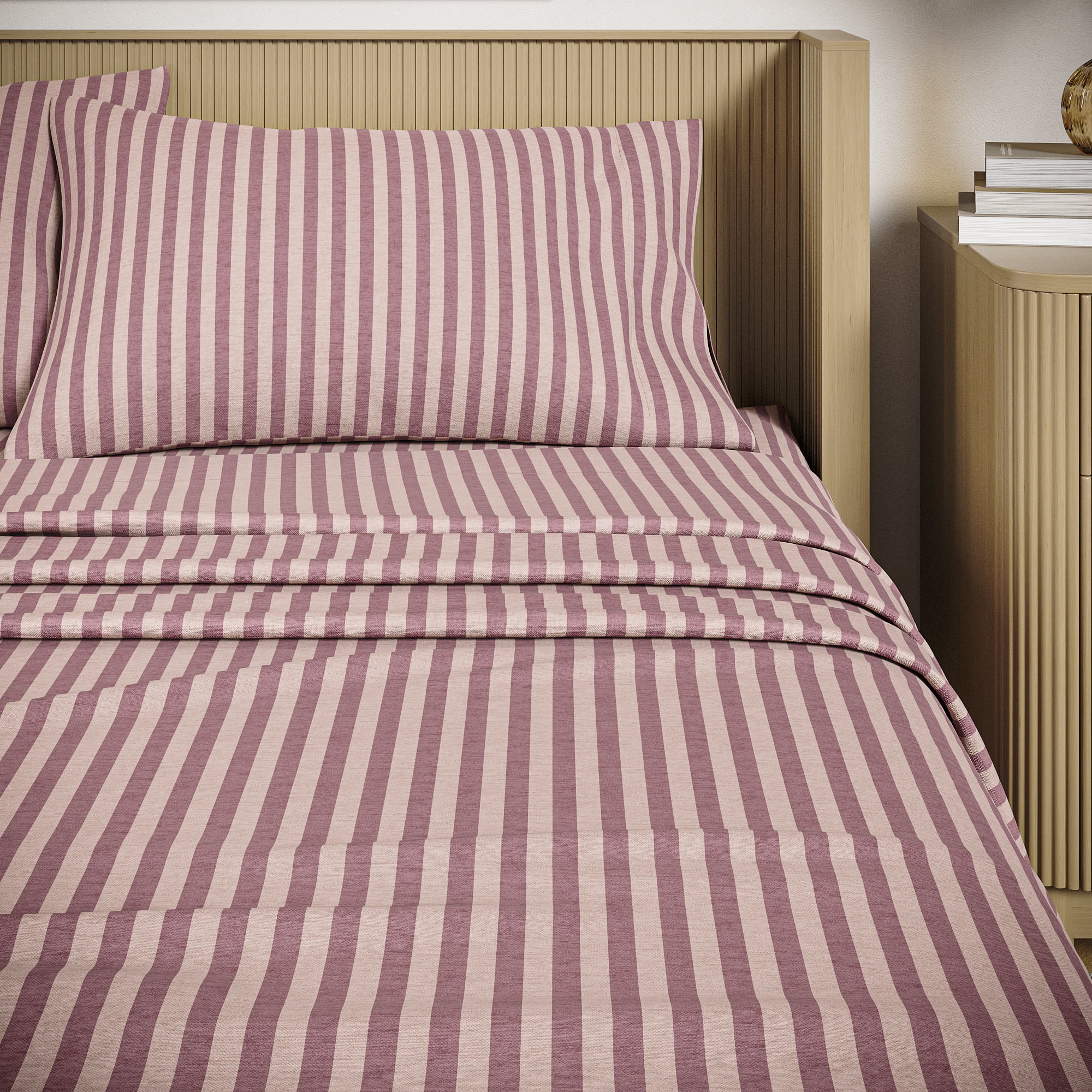 Beautiful Striped 3-Piece 100% Cotton Percale Rosé Pink Sheet Set, Twin by Drew Barrymore
