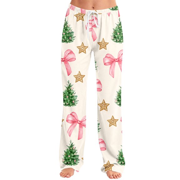 EANJE Christmas Pj Pants Women Christmas Printed Wide Leg Pajamas Pant Drawstring Waist Long Trousers Lightweight Cozy Fall Bottoms Dark Green S