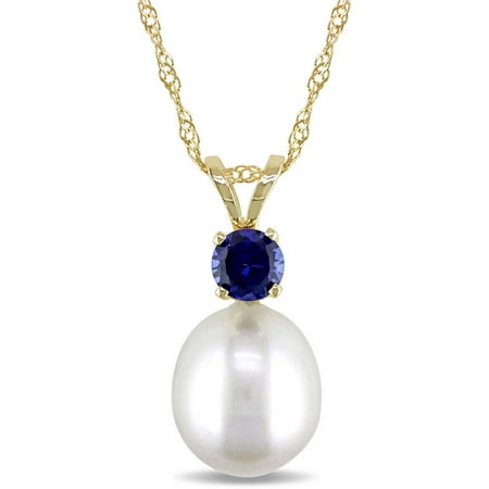 Tangelo 8-8.5mm White Cultured Freshwater Pearl and 1/3 Carat T.G.W. Sapphire 14kt Yellow Gold Fashion Pendant, 17
