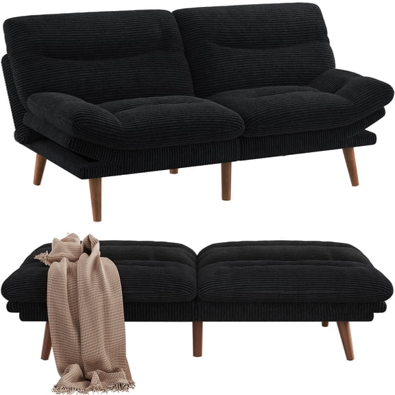Ink Black Corduroy Futon Sofa Bed with Adjustable Backrest