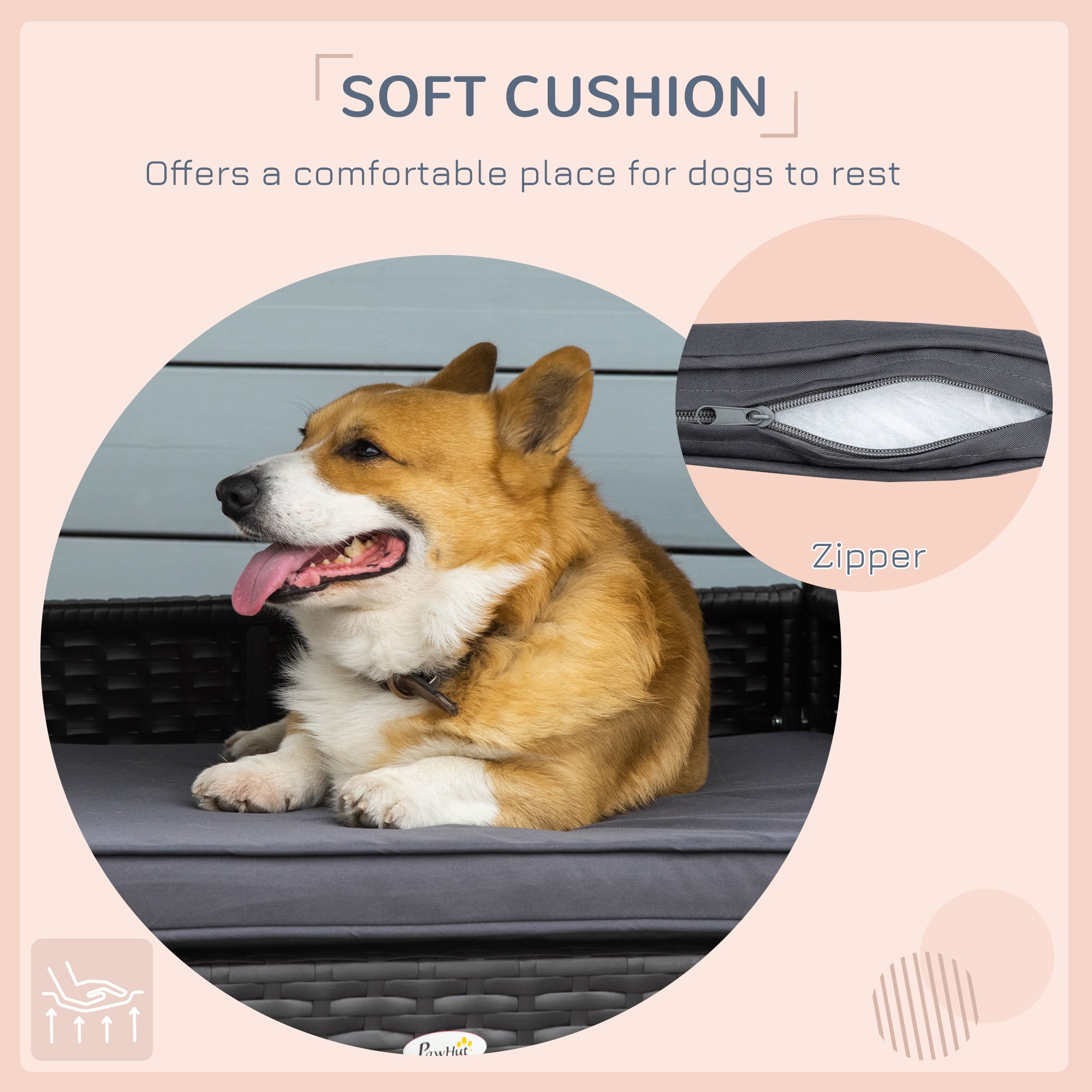 PawHut Wicker Dog House Elevated Raised Rattan Bed for Indoor/Outdoor with Removable Cushion Lounge, Gray