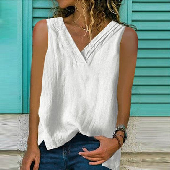 Idoravan Tank Tops for Women Clearance Womens Lmitation Linen Tops Shirt Ladies V Neck Loose Sleeveless Blouse Tee Vest