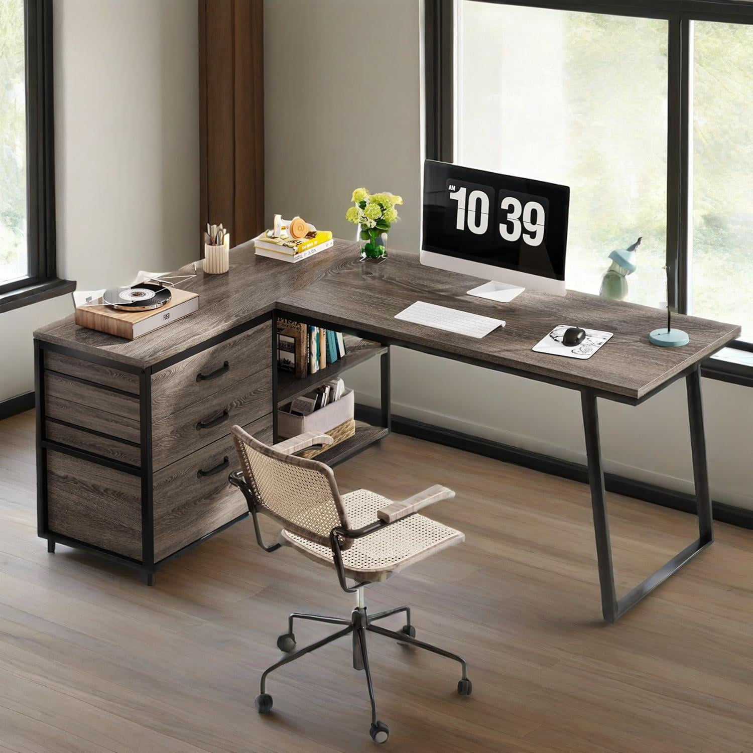 L-Shaped Desk 53In Reversible Corner Desk File Cabinet 3Drawers 2Open Shelves Industrial Style Home Office Computer Desk Adjustable Leg Pads Gaming Writing Executive Sturdy Particle Board Grey Black