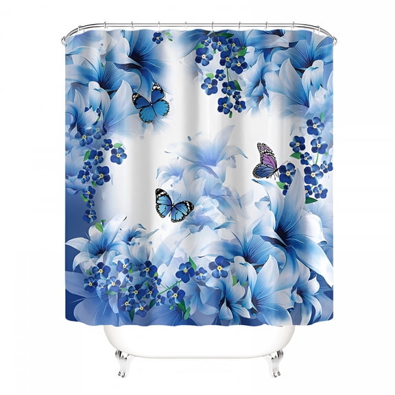 AUQ Blue Butterfly Garden Decorative Bathroom Shower Curtain with Rings,Blue Shower Curtains for Bathroom,Blue Shower Curtain