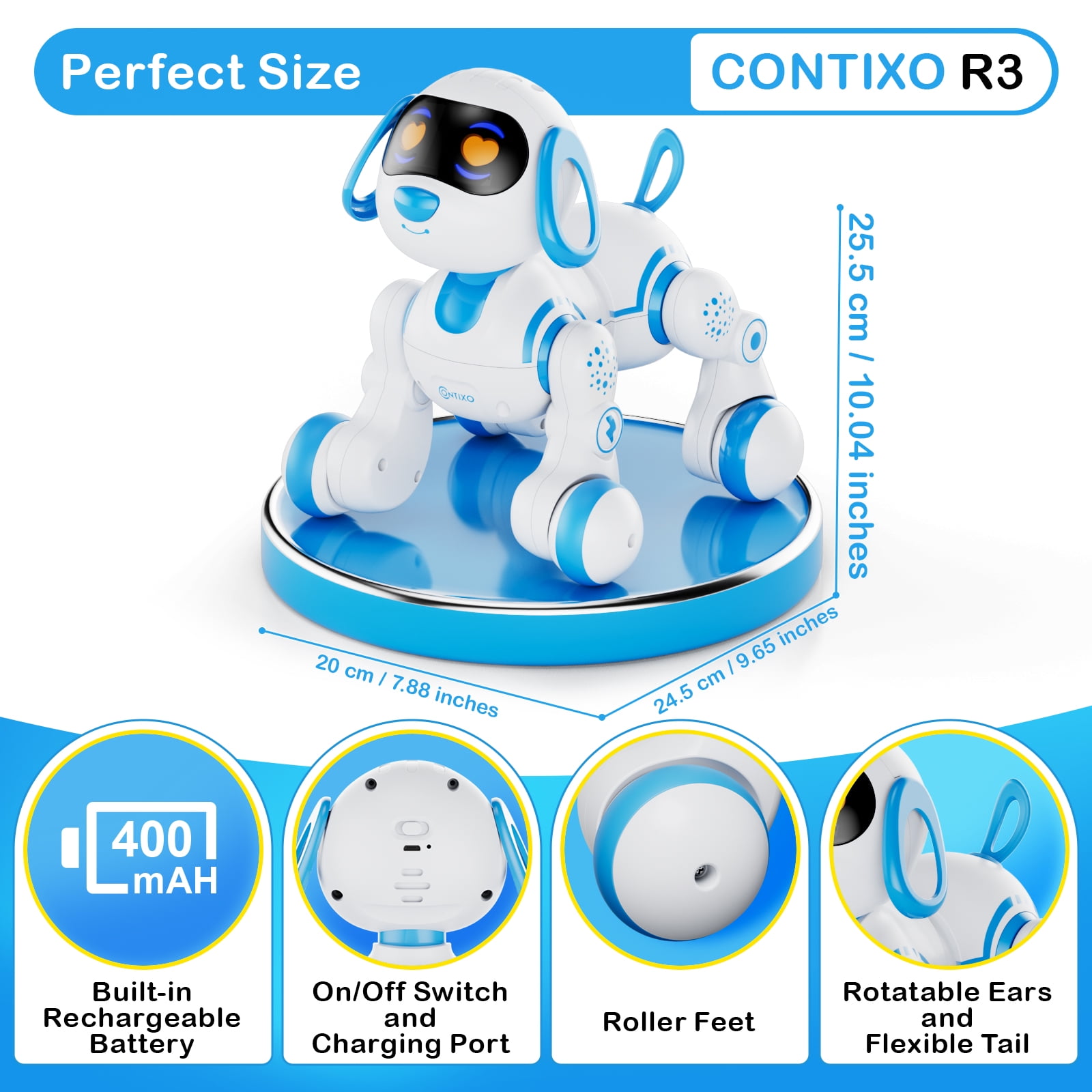 Contixo R3 Electronic Robot Dog, Interactive Smart Puppy Robot Toys, Kids Toys with Lights & Sounds, Blue