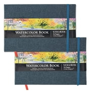 U.S. Art Supply 5.5" x 8.5" Watercolor Book, 2 Pack, 76 Sheets, 110 lb (230 gsm) - Linen-Bound Hardcover Artists Paper Pads - Acid-Free, Cold-Pressed, Brush Painting & Drawing Sketchbook Mixed Media