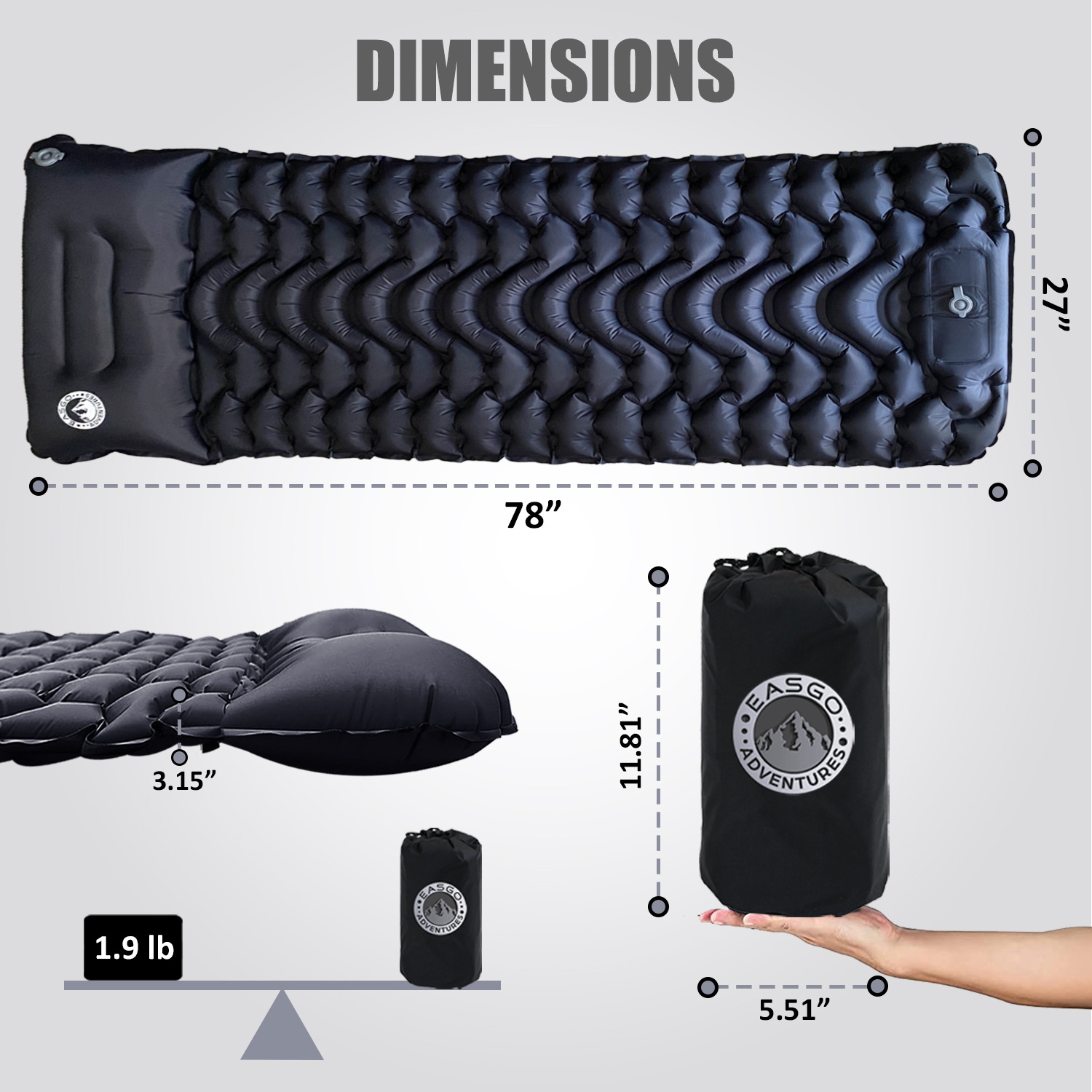 Ultralight Inflatable Sleeping Pad for Camping, Backpacking, Hiking, Travel, Built-In Step Inflating Air Pump, Integrated Pillow, Indoor Outdoor Firm Sleep Support, Compact and Portable, Black - image 3 of 6