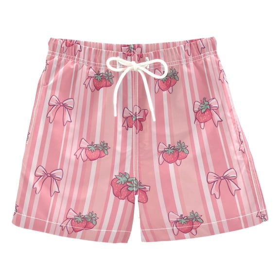 Kids' Beach Pants Comfortable Swim Trunks Pink Bows and Strawberries Shorts for Pool Vacation and Lounge Wear 2T