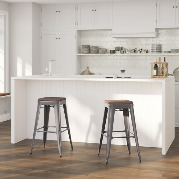 Merrick Lane 30 Inch Tall Clear Coated Gray Metal Bar Counter Stool With Textured Walnut Elm Wood Seat