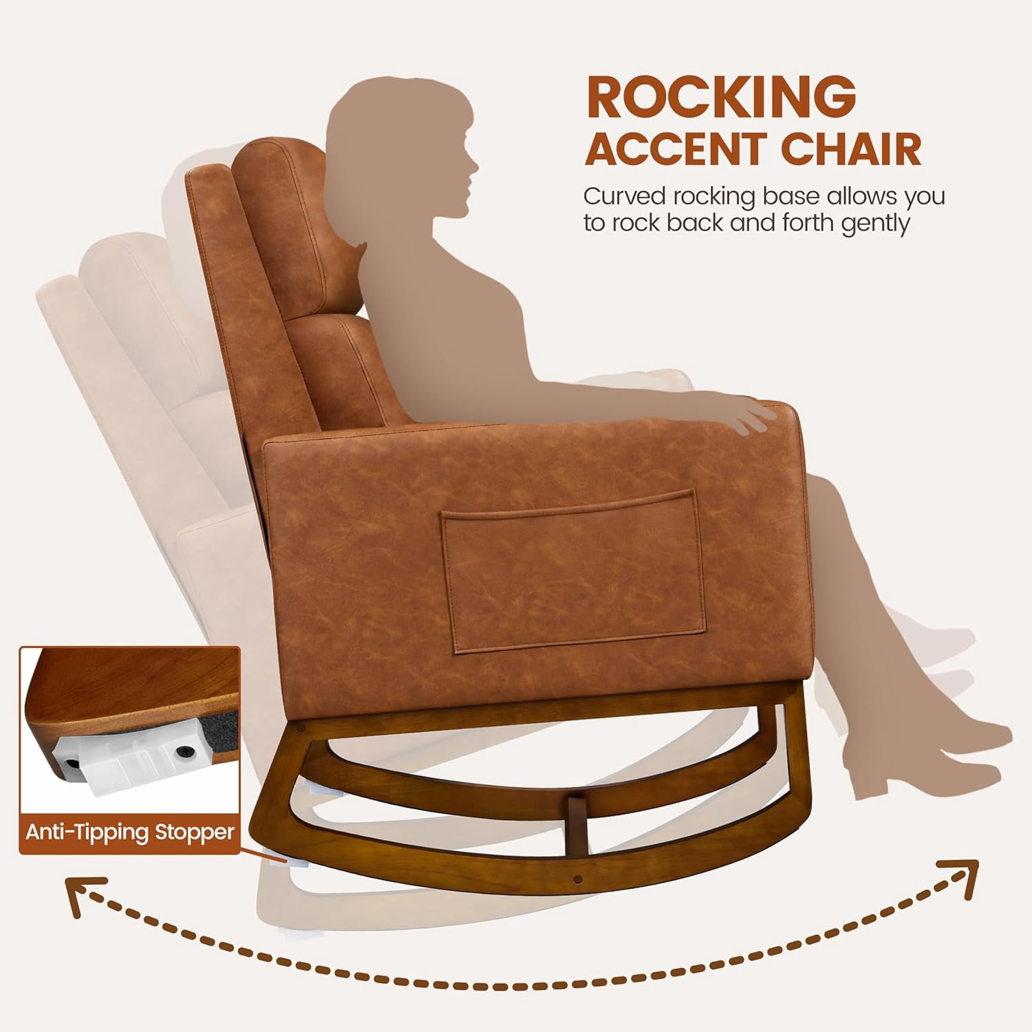 Leather Glider Chair, Modern Rocking Chair, Nursery Faux Leather Glider Chair with Rubber Wood Legs and Side Pocket, Rocking Accent Armchair for Living Room, Bedroom, Brown