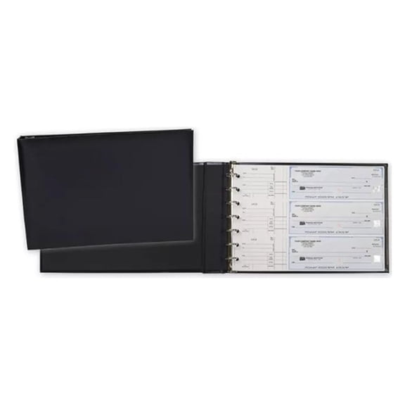 3 on a Page Check Binder - 7 Ring Black Binder for Checks 14 3/16 x 9 5/8 - Durable Vinyl Checkbook Cover - Secure Check Storage