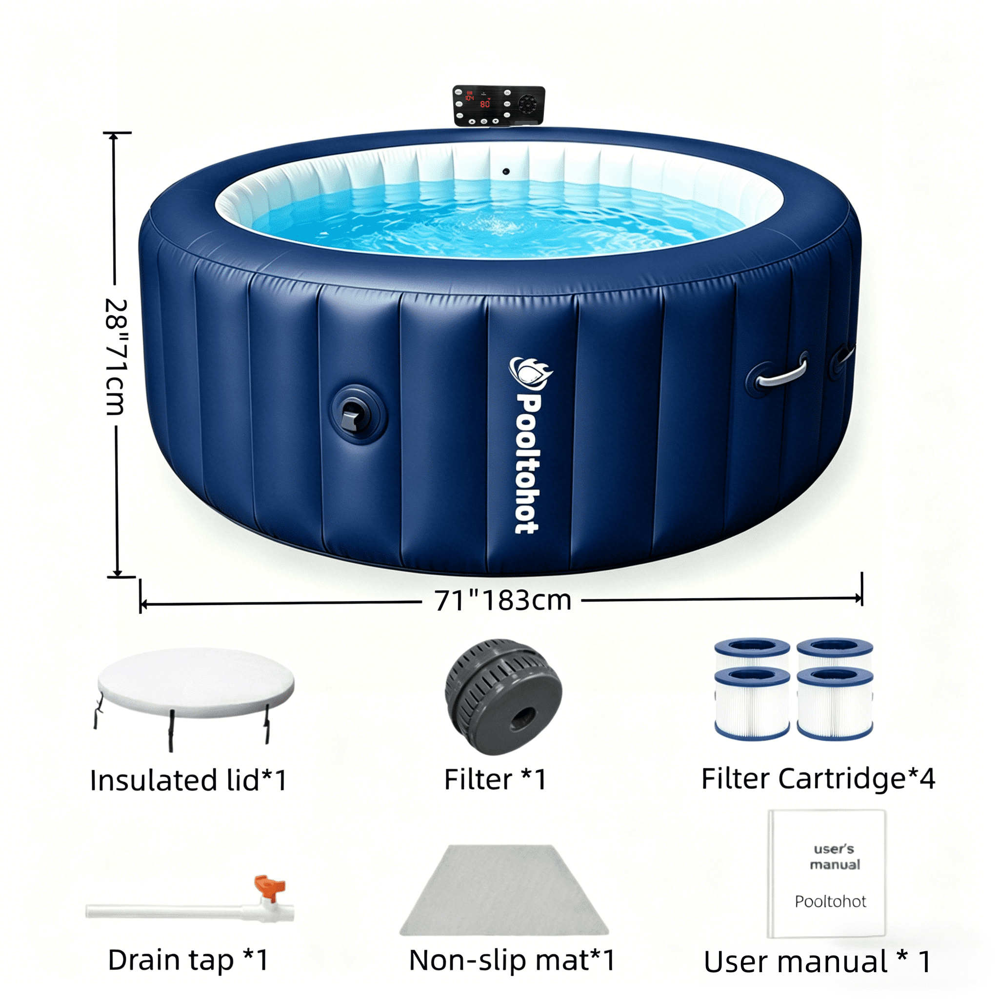 POOLTOHOT Inflatable Hot Tub 71" x 28", Portable Hot Tubs Built-in Heat Pump and 6-Color Lights for 2-4 Person, Blow Up Outdoor Hot Tubs with 143 Soothing Air Jets and Filter System for SPA