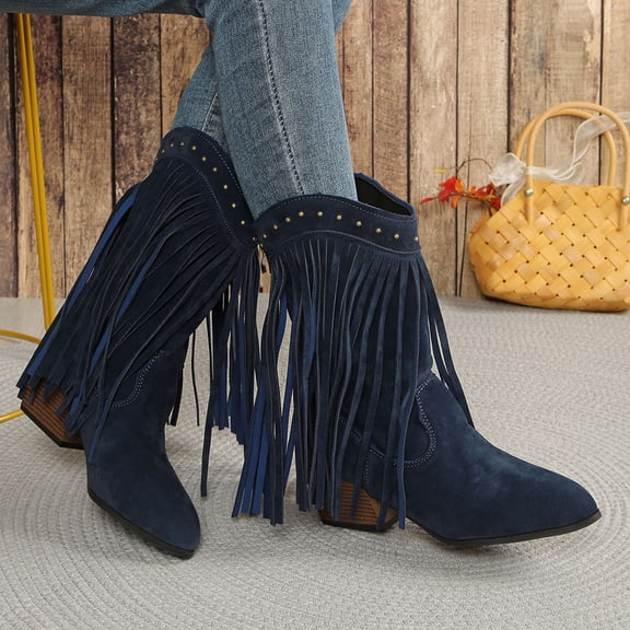 SKIYLEVZ Mid-calf Boots for Women Wide Calf Cowgirl Boots Cowgirl Boots with Low Chunky Heel Motorcycle Style Side Zipper Classic Round Toe Durable Outdoor Hiking Boots