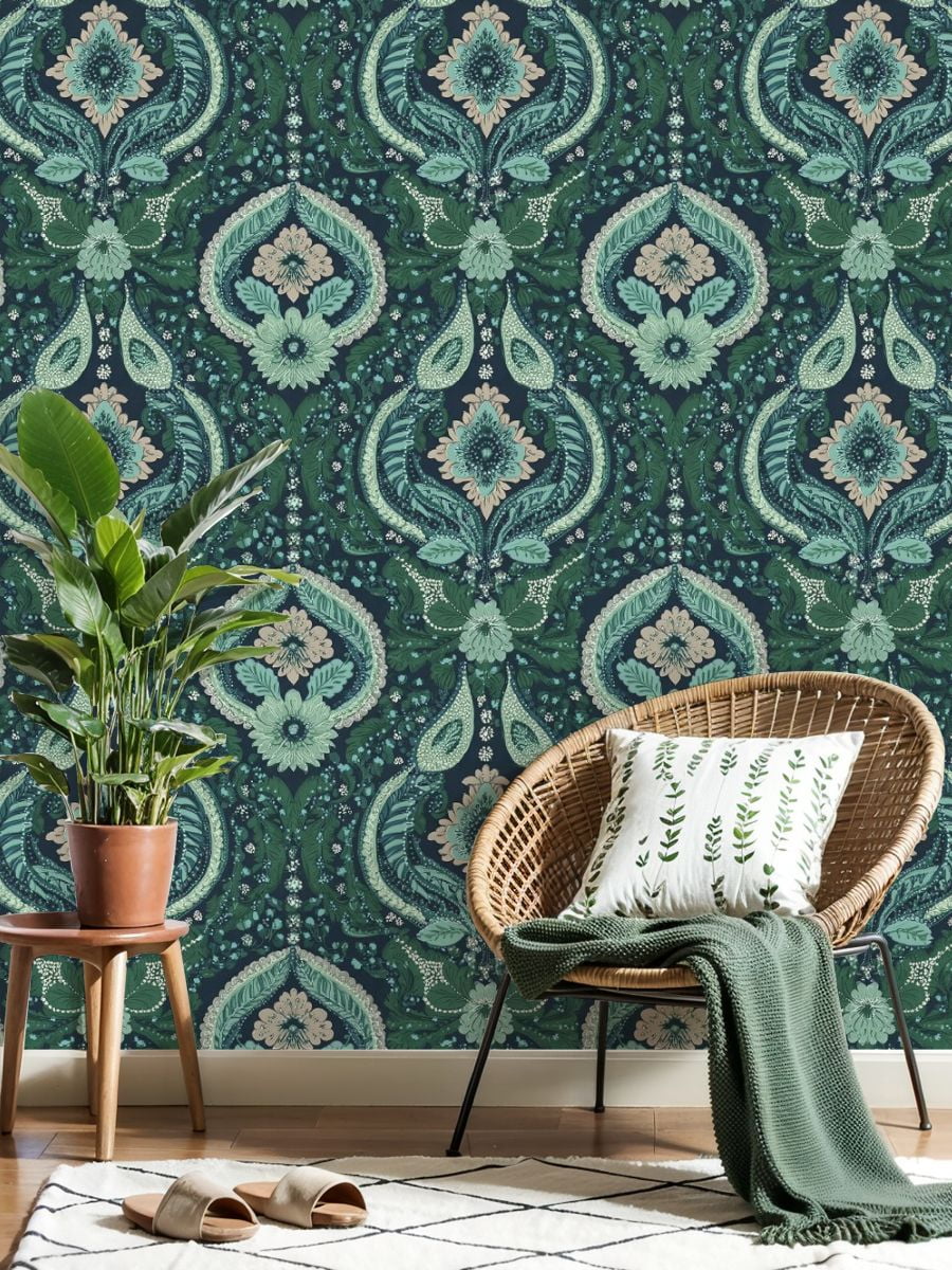 Paisley Peel and Stick Wallpaper 23.6in x 9.8ft Floral Paisley Shades Green Blue Pink Dark Contact Paper Vinyl Waterproof Self Adhesive Wall Paper for Bedroom Shelf Cabinet Renter Friendly
