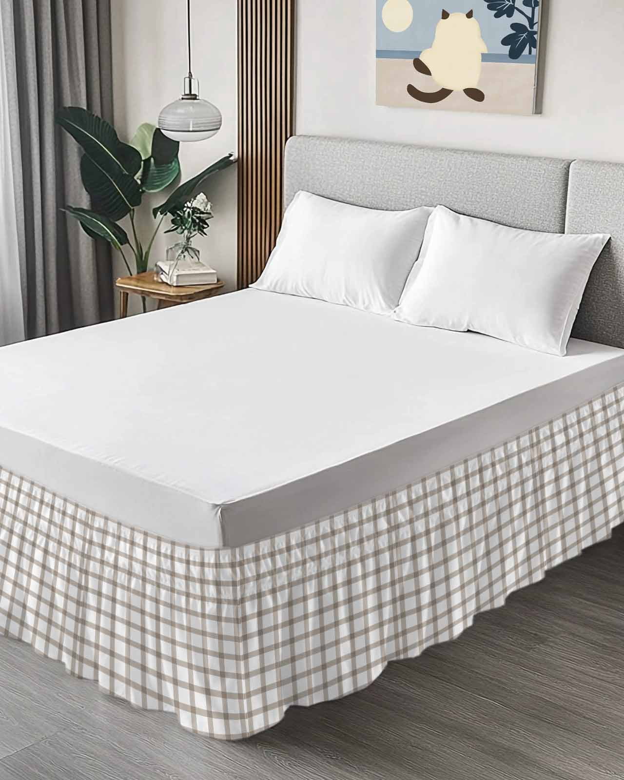 Light Brown Bed Skirt Queen Size 18" Drop Checkered Ruffled Wrap Around Bed Skirts Adjustable Elastic Bedskirt Dust Ruffle for Queen Size Bed