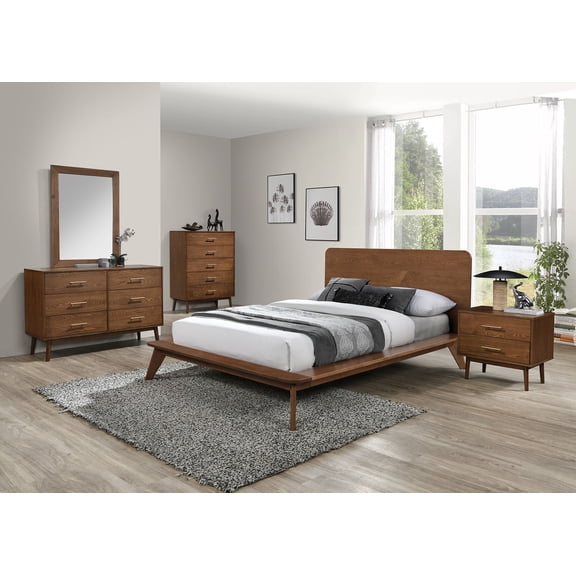 Transitional Style Walnut Finish 6pc Bedroom Set Eastern King Size Bed Dresser Mirror Nightstands Chest Platform Bed Furniture