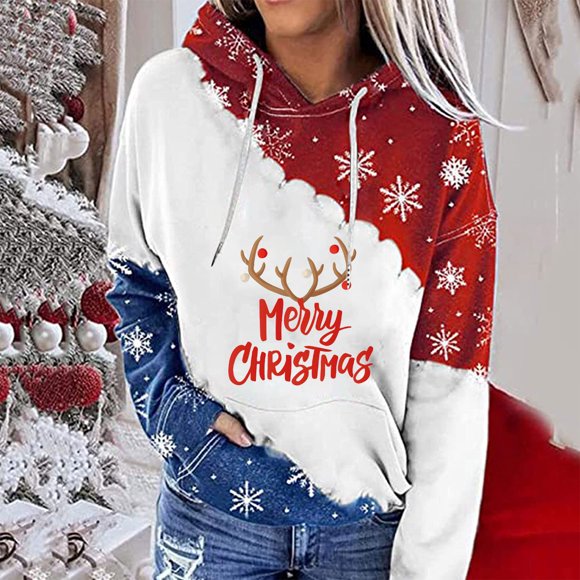 Hatchima Womens Tops Dressy Casual Fall,Women's Fashion Christmas Print Sleeve Hoodie Top,Sweatshirt Blouse