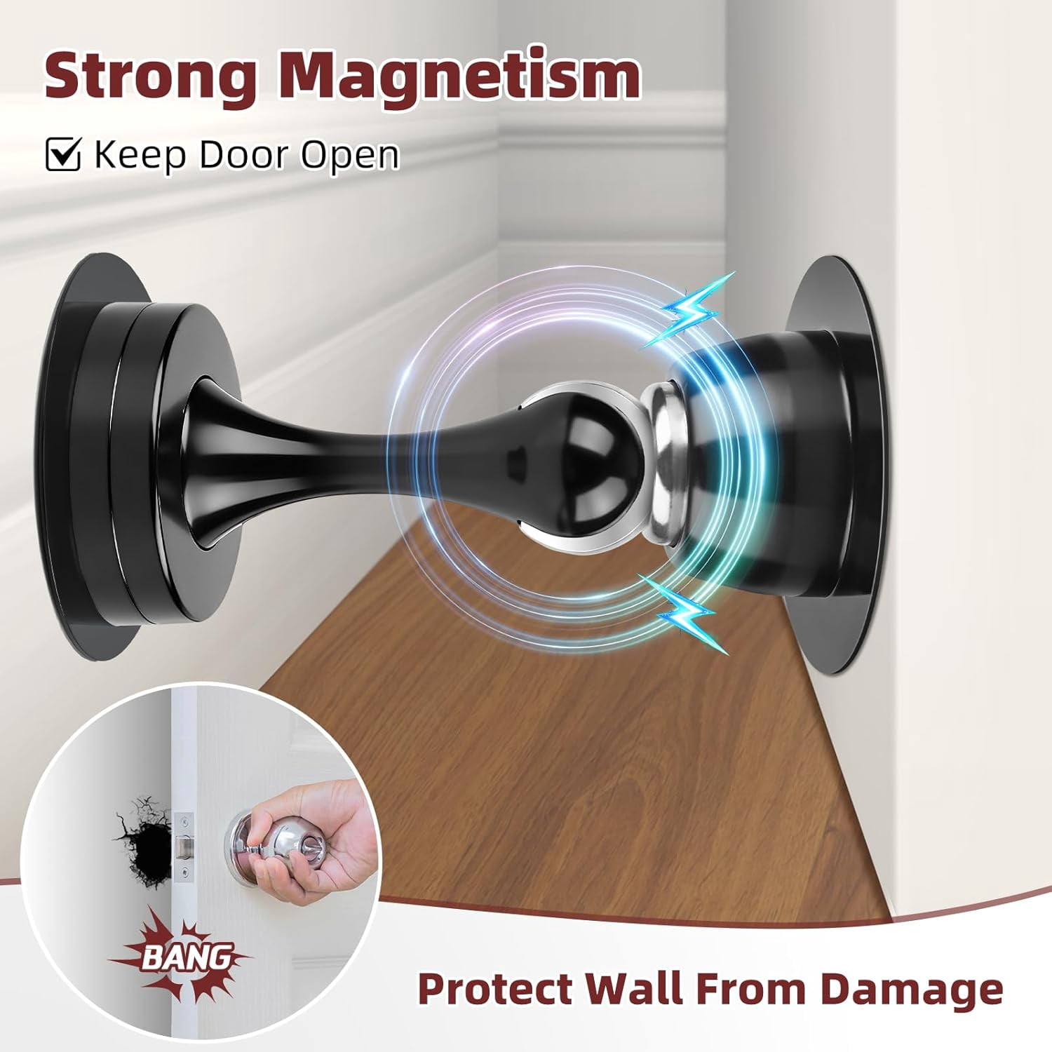 Door Stopper, Magnetic Door Stops, No Drill, 2 Pack Black Magnetic Door Catch Holder to Keep Door Open, Stainless Steel Wall Floor Mounted Doorstop with Adhesive Tape and Screws
