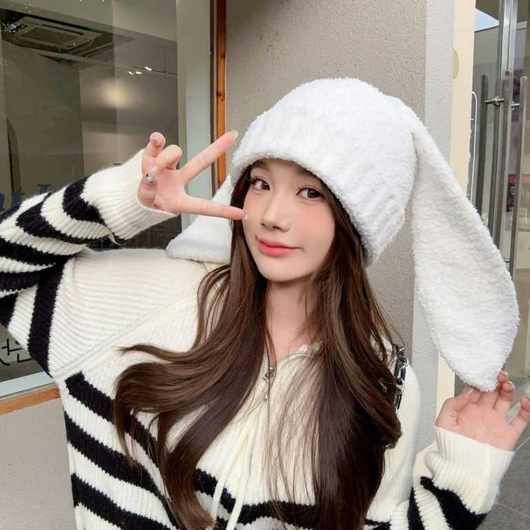 Knit Beanie Hats for Women Bunny Winter Cap Faux Fur Warm Knit