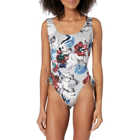 Bikini Lab Women's Lace Up Adjustable Side Tie High Leg One Piece Swimsuit, Blue//Heavy Petal, Large