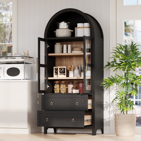 NYBOPAVIS Arched Kitchen Pantry Storage Cabinet, Wood Pantry Cabinet with Adjustable Shelves, Freestanding Pantry Cabinet for Dining Room Living Room, Black