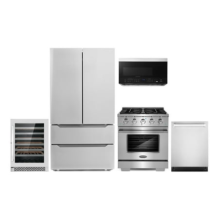 Cosmo 5 Piece Kitchen Appliance Packages with 30  Over the Range Microwave 30  Freestanding Gas Range 24  Built-in Fully Integrated Dishwasher French Door Refrigerator &amp; 48 Bottle Wine Refrigerator