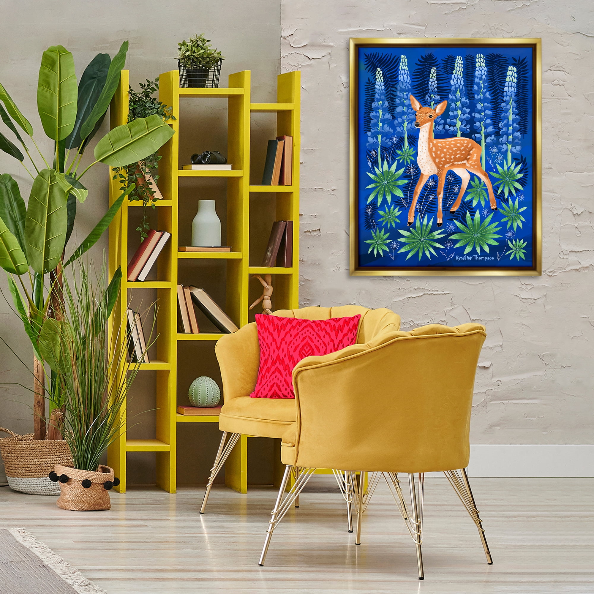Stupell Industries Fawn & Lupine Flowers Animals Painting Gold Floater Framed Canvas Art Print Wall Art, 25 x 31