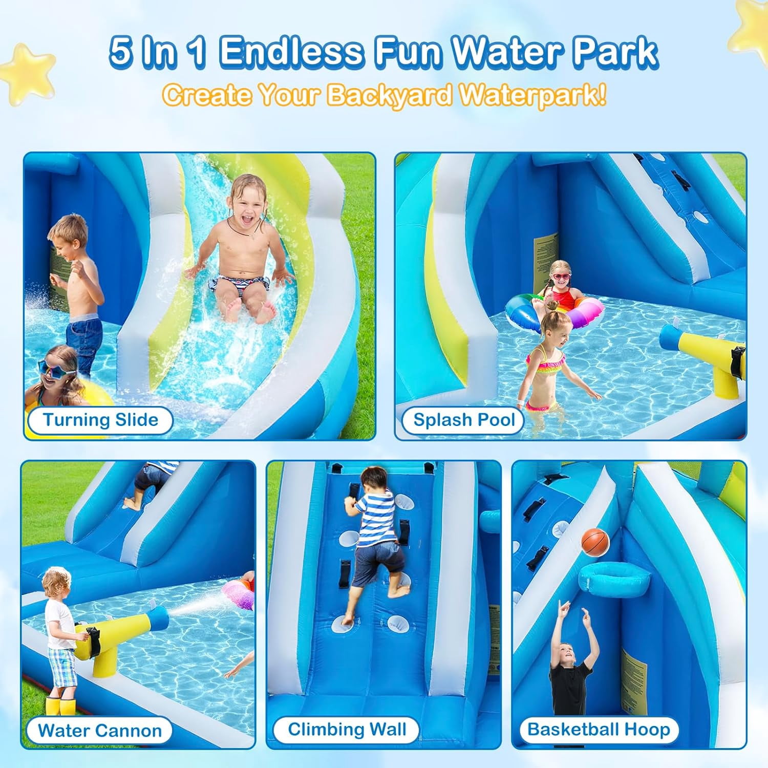 HEMOPOW 5-in-1 Inflatable Splash Park, Seahorse Water Slide with Climbing Wall, Water Cannon, Hoop & Blower for Indoor/Outdoor Backyard Fun, Ages 3+