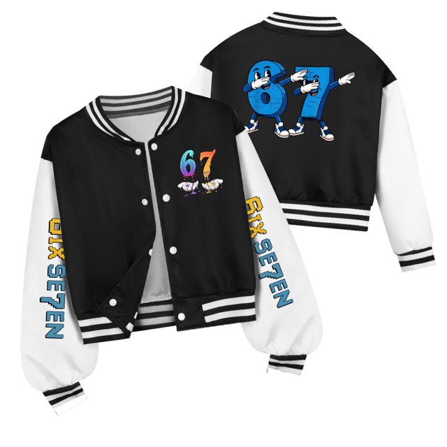Veste de Baseball à Col Rond Imprimé 67 Mèmes pour Ki-ds, Haut à Manches Longues Décontracté Veste Bomber Ki-ds Vestes de Baseball Ki-ds Fils Fille Ajustée Veste Universitaire Cardigan Léger Décontracté 130 7-8 Ans (Noir)