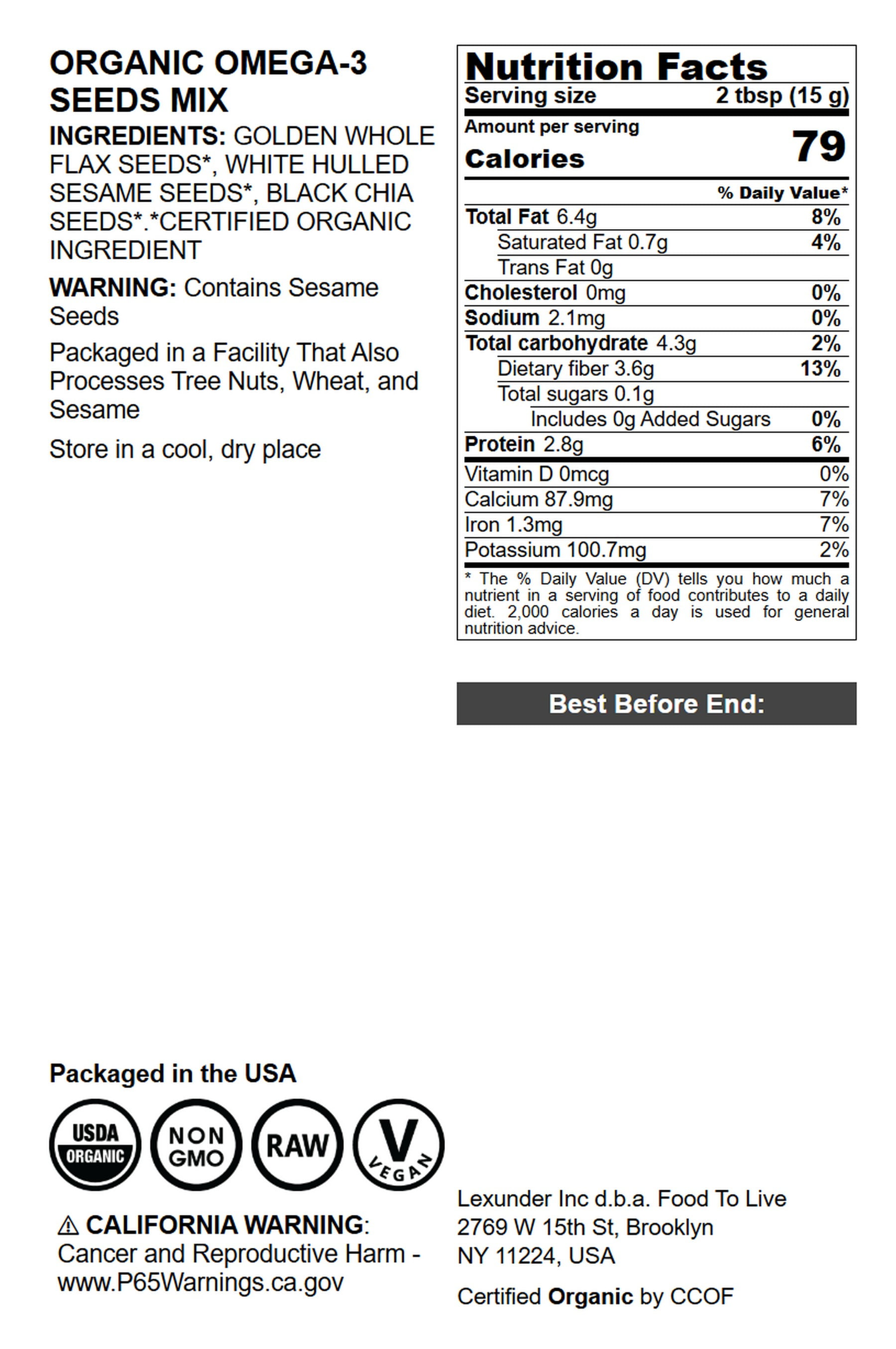 Organic Omega-3 Seeds Mix with Flax, Chia and Sesame, 10 Pounds - Non-GMO, Raw, Vegan - by Food to Live