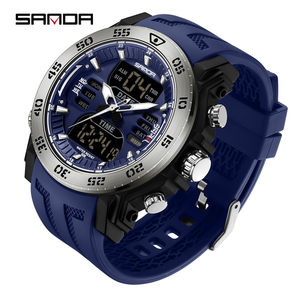 Sanda Men's Analog Sports Watch, LED Large Face Waterproof Wrist Watches, Dual Dial Digital Analog Watches for Men  6029