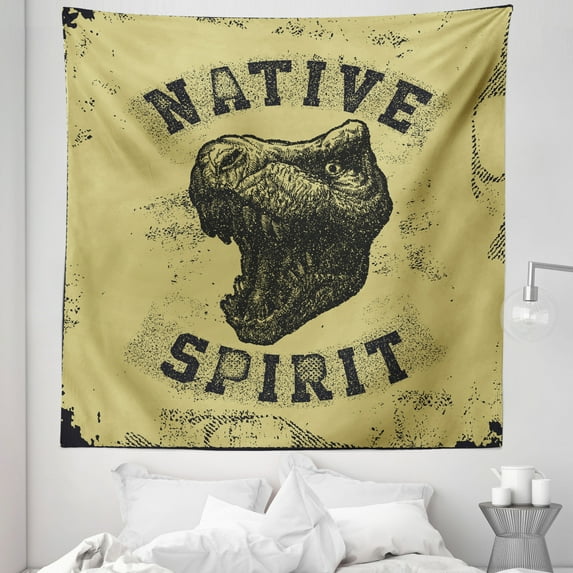 Dinosaur Tapestry, Hand Drawn Roaring Tyrannosaurus Portrait Native Jurassic Wild Animal, Fabric Wall Hanging Decor for Bedroom Living Room Dorm, 5 Sizes, Army Green Black, by Ambesonne