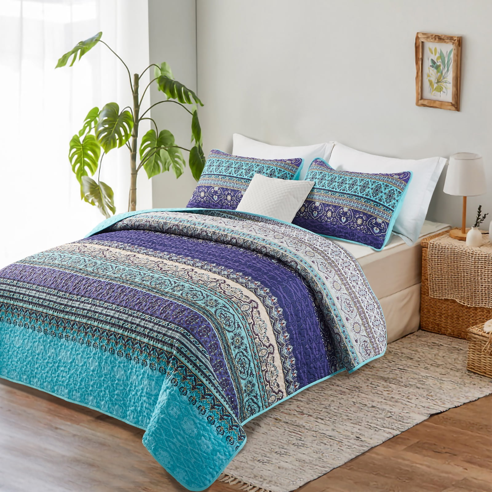 Dintszyayue Bohemian Quilt Set King Blue,3Pcs Stripe Boho Bedspread Lightweight Adult(90"x110")