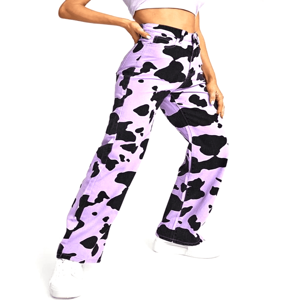 Pantalon en Denim Imprimé Vache pour Femmes Taille Haute Jambe