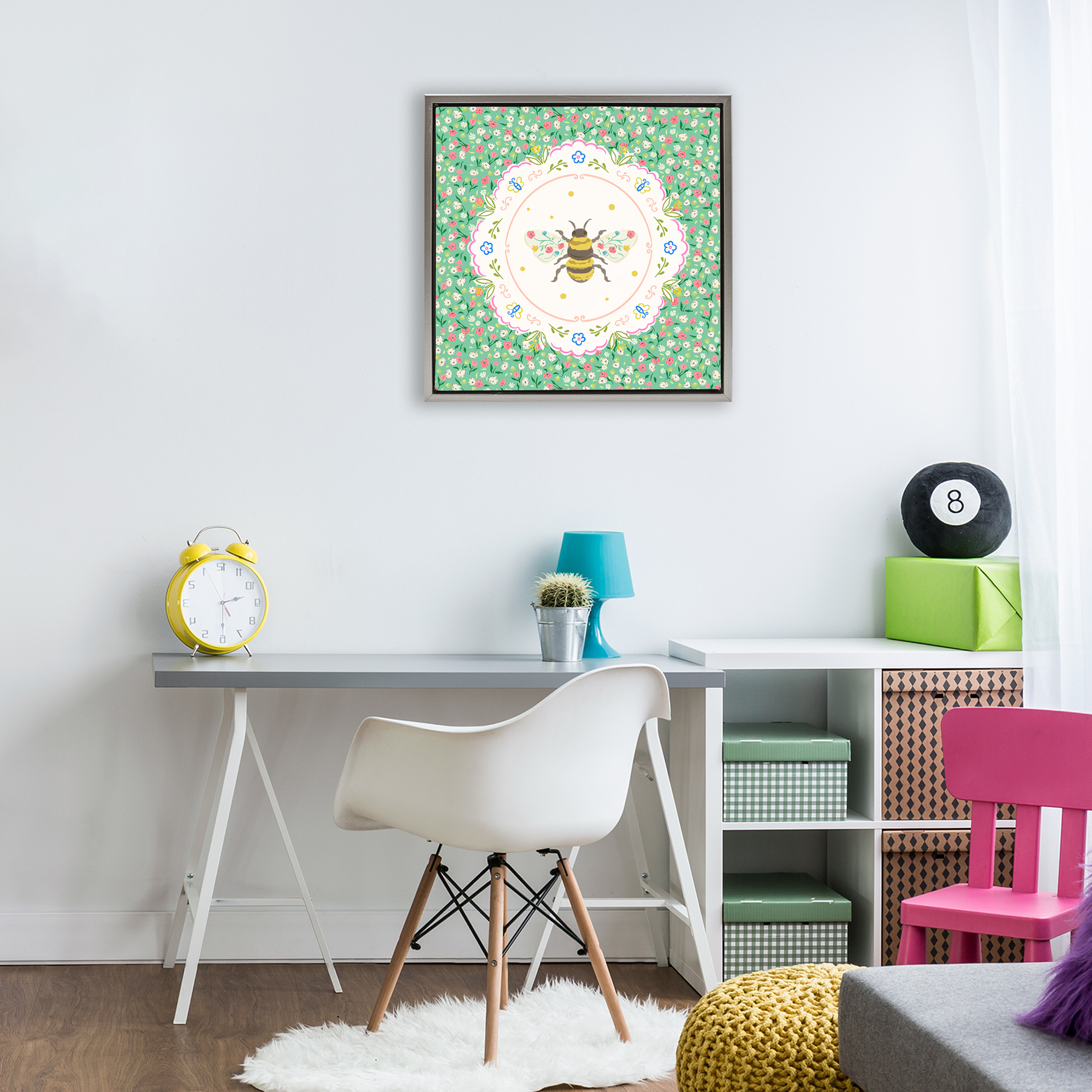Spring Bee Delicate Florals Gray Framed Floater Canvas Wall Art, design by Angela Steahling
