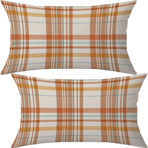 Fall Pillow Covers 12x20 Set of 2 Autumn Decorative Throw Pillow Cases Orange Blue Plaids Cushion Covers Faux Linen,Farmhouse,Thanksgiving,Home Décor,Outdoor,Patio,Patch