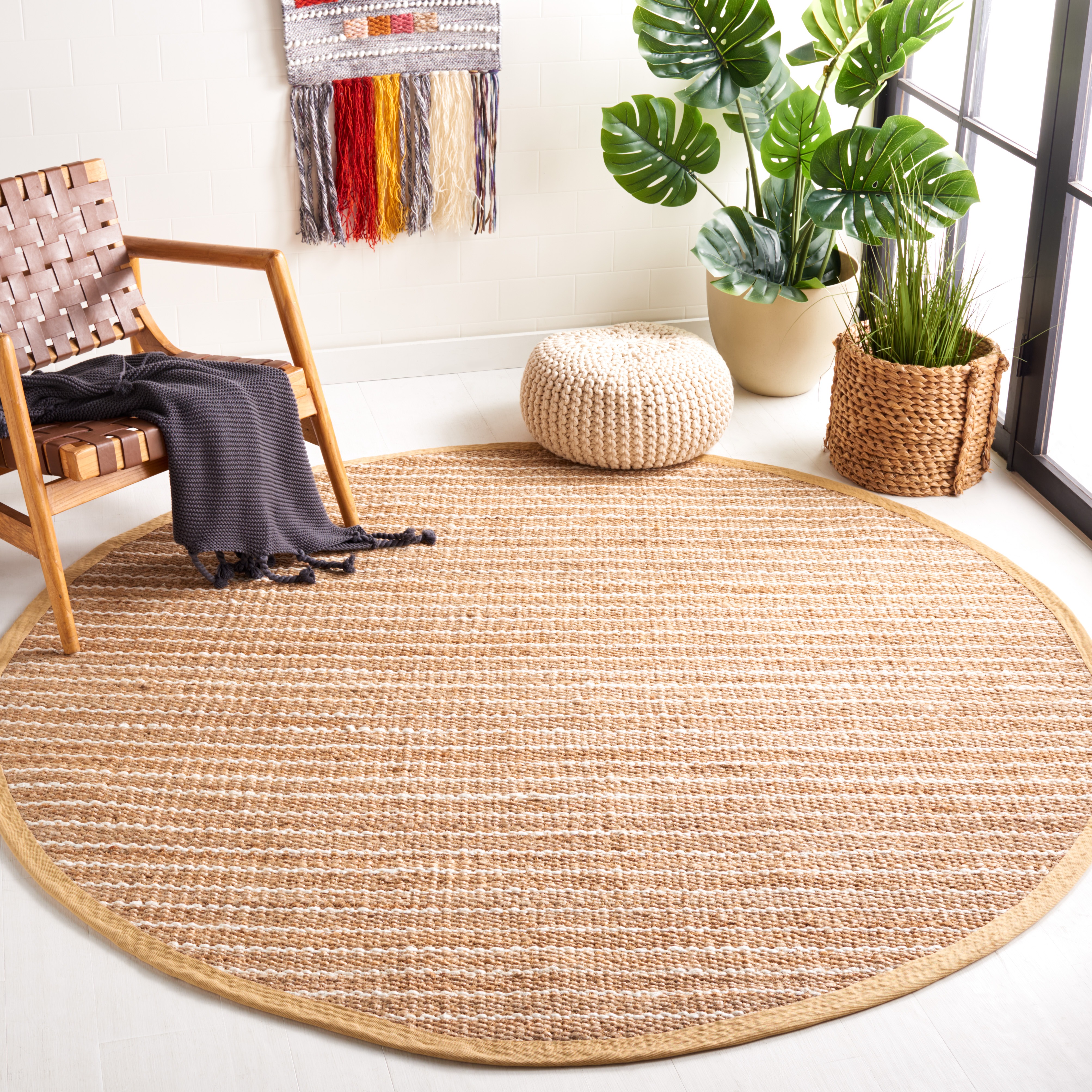SAFAVIEH Natural Fiber Wilmer Striped Area Rug, Natural/Ivory, 7' x 7' Round