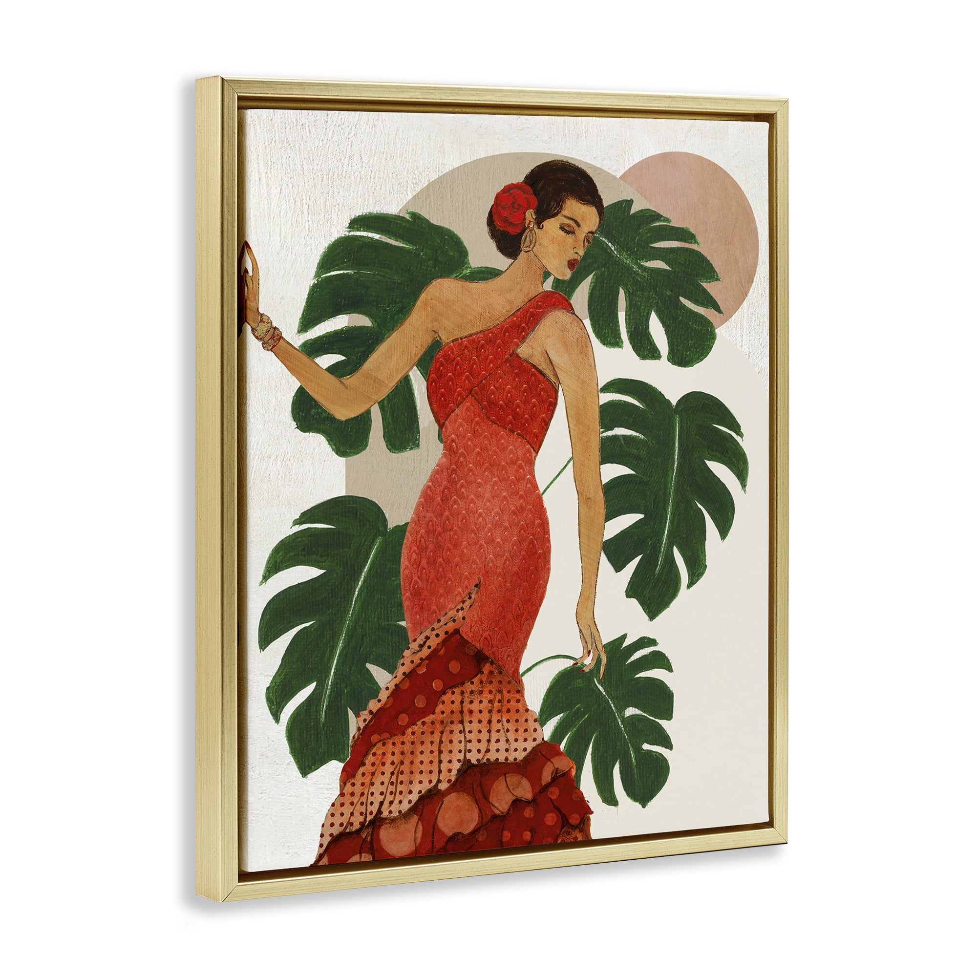 Stupell Industries Fashionable Woman with Leaves People Painting Gold Floater Framed Canvas Art Print Wall Art, 17 x 21