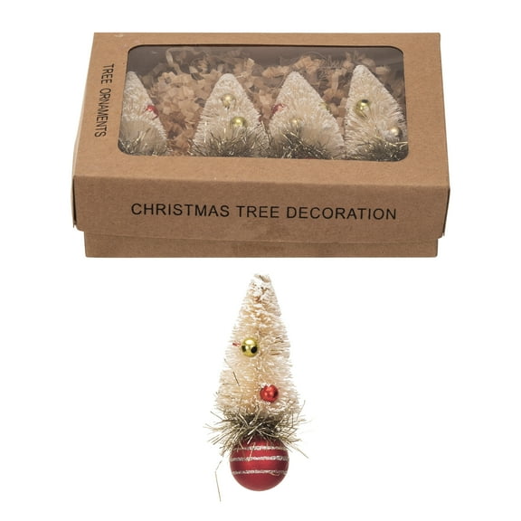 Creative Co-Op Sisal Bottle Brush Tree Ornaments with Beads, Glass Ball Base and Glitter, Red and Cream, Set of 4