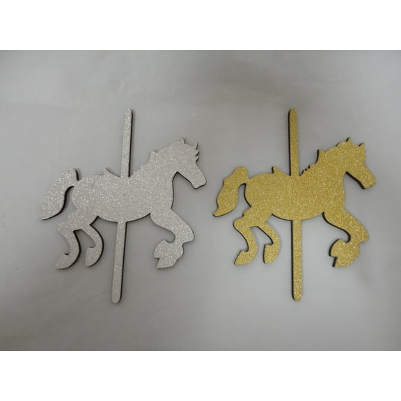Charmed Silver Wooden Large Glitter Horse Ornaments for baby shower/ birthday; 5 Pieces; Merry Go Around